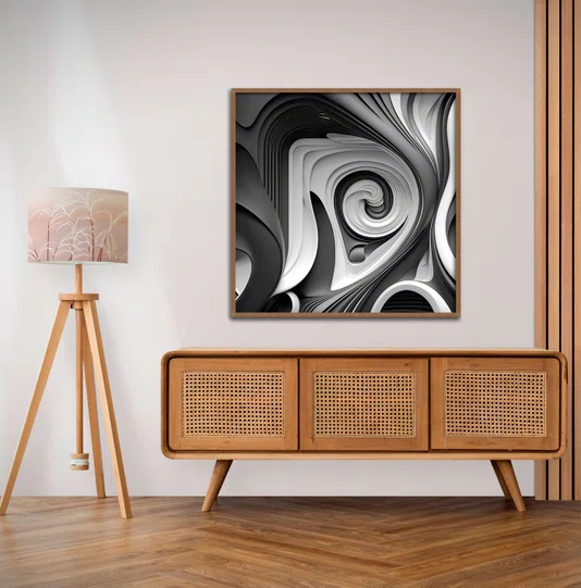 Quadro Decorativo em Espiral com Tons de Cinza Arte Moderna com Moldura e Vidro