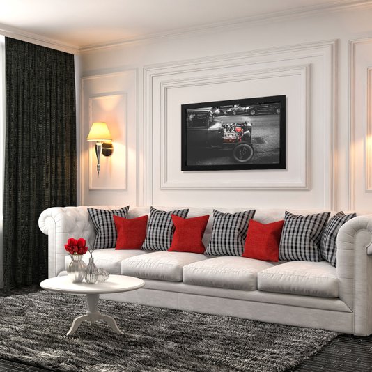 Quadro Decorativo em Preto e Branco Carro Antigo Motor Aparecendo 50x30cm