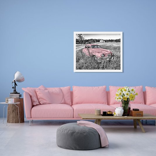 Quadro Decorativo em Preto e Branco Carro Antigo Rosa Abandonado 50x40cm