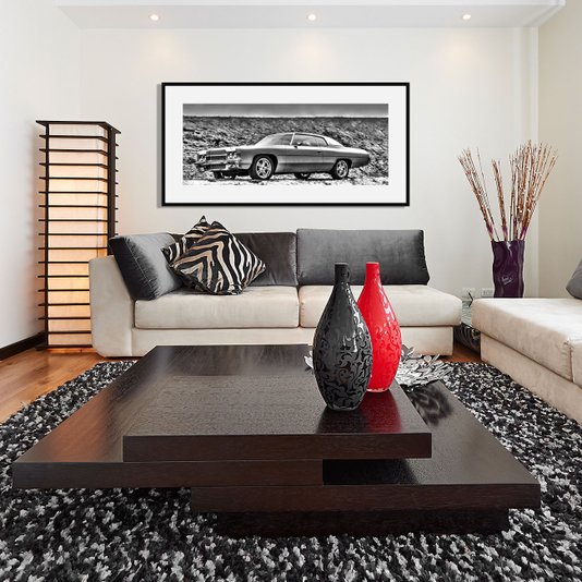 Quadro Decorativo em Preto e Branco Chevrolet Impala 1972 Clássico 140x70cm