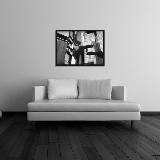 Quadro Decorativo em Preto e Branco Edifício Moderno com Vidros Espelhados em Hong Kong 70x50cm