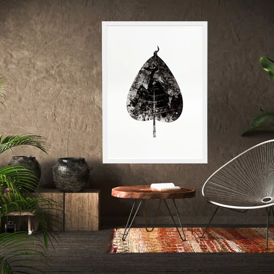 Quadro Decorativo em Preto e Branco Folha Minimalista com Moldura Branca 50x70cm