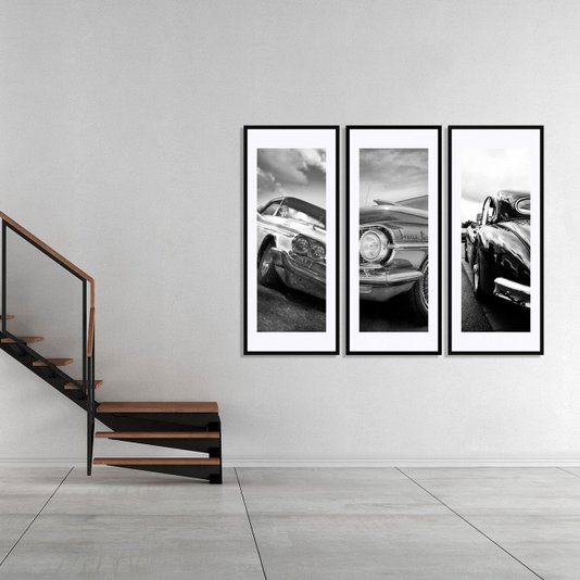 Quadro Decorativo em Preto e Branco Frente Carro Antigo 50x120cm