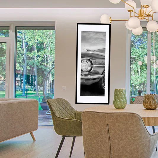 Quadro Decorativo em Preto e Branco Frente Carro Antigo 50x120cm