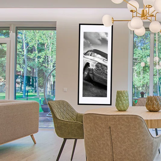 Quadro Decorativo em Preto e Branco Frente Carro Antigo com Grade Cromada 50x120cm