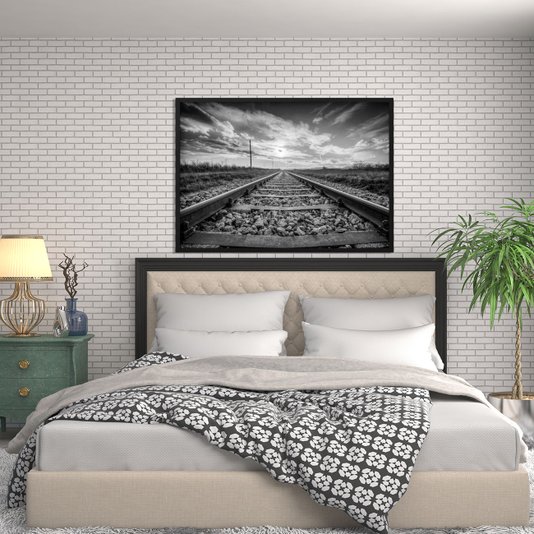 Quadro Decorativo em Preto e Branco Paisagem Trilho de Trem 100x70cm