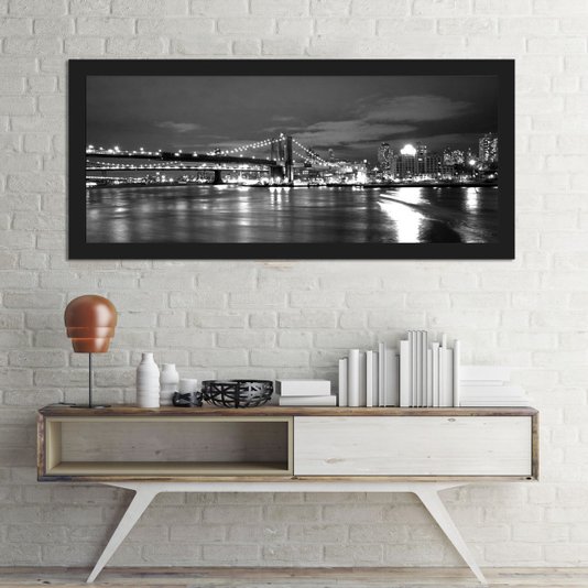 Quadro em Preto e Branco Ponte do Brooklyn Nova York Panorâmico Moldura Preta