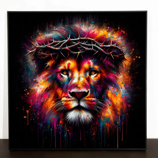 Quadro Decorativo em Tela Canvas Leão Colorido com Coroa de Espinho 120X120 CM