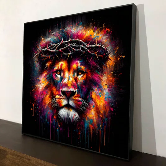 Quadro Decorativo em Tela Canvas Leão Colorido com Coroa de Espinho 120X120 CM