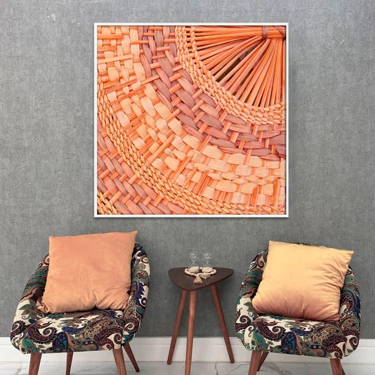 Quadro Decorativo Estilo Arte Artesanal em Fibras Naturais com Moldura e Vidro