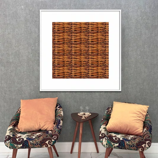 Quadro Decorativo Estilo Vime Entrelaçado Rústico Tons Amadeirados com Moldura e Vidro
