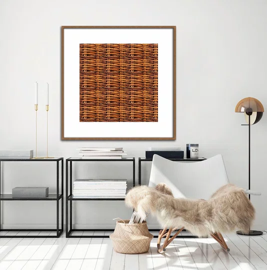 Quadro Decorativo Estilo Vime Entrelaçado Rústico Tons Amadeirados com Moldura e Vidro