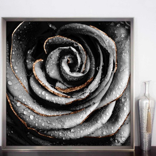 Quadro Decorativo Flor em Preto e Branco com Moldura Prata 95x95 cm