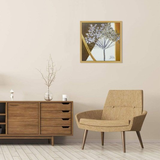 Quadro Decorativo Floral com Moldura em Tom Carvalho 50x50cm