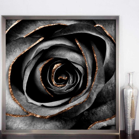 Quadro Decorativo Floral com Moldura Prata Flor em Preto e Branco 95x95 cm
