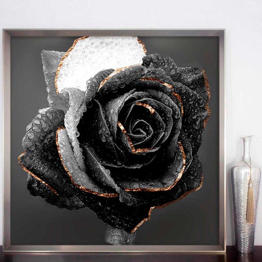 Quadro Decorativo Floral com Moldura Prata Rosa em Preto e Branco 95x95 cm