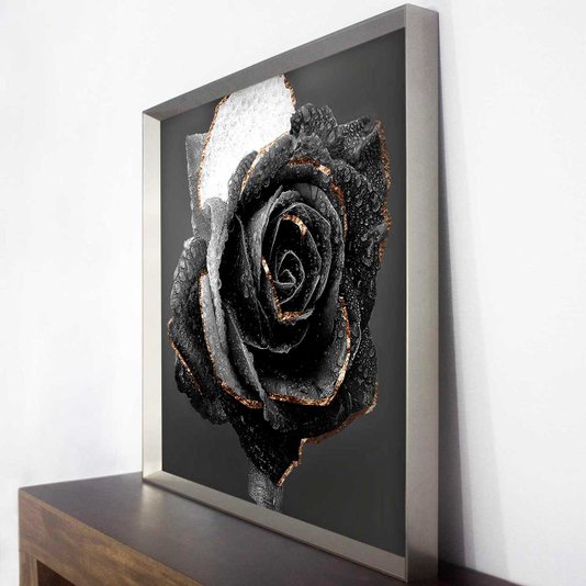Quadro Decorativo Floral com Moldura Prata Rosa em Preto e Branco 95x95 cm