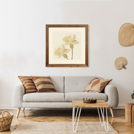 Quadro Decorativo Floral Flores Cor Bege com Moldura Rústica 100x100cm