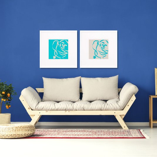 Quadro Decorativo Floral Silhueta Azul de Flor com Moldura Branca 60x60cm