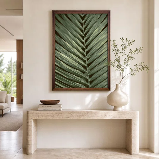 Quadro Decorativo Folha de Palmeira com Moldura Chanfrada Amadeirada 95x145 cm