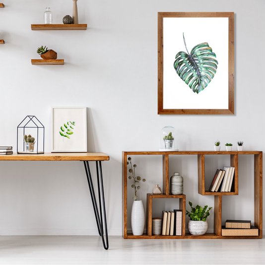 Quadro Decorativo Folha Verde Minimalista com Moldura Rústica 80x110cm