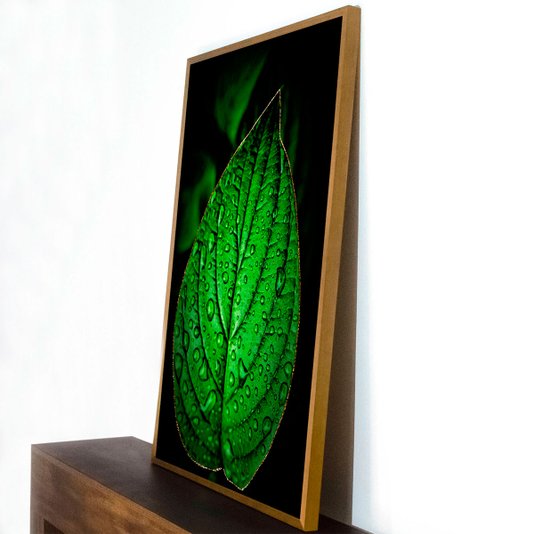 Quadro Decorativo Folha Verde na Chuva Detalhes em Dourado III - 70x100 cm