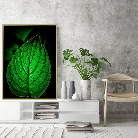Quadro Decorativo Folha Verde na Chuva Detalhes em Dourado III - 70x100 cm