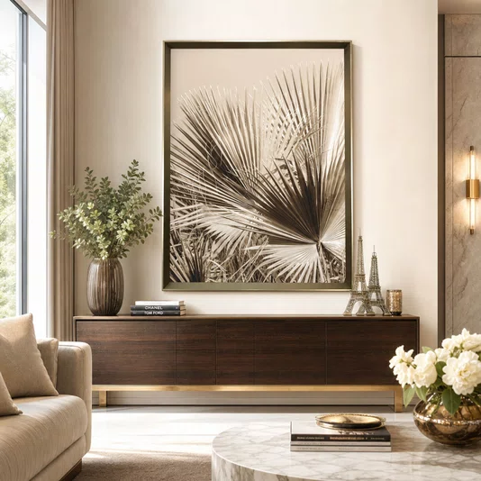 Quadro Decorativo  Folhas de Palmeiras com Moldura Laqueada Chanfrada 95x145 cm