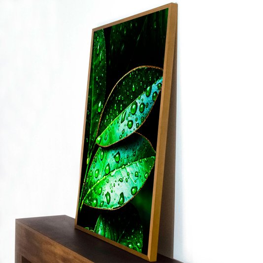 Quadro Decorativo Folhas Verdes na Chuva Detalhes em Dourado 70x100 cm
