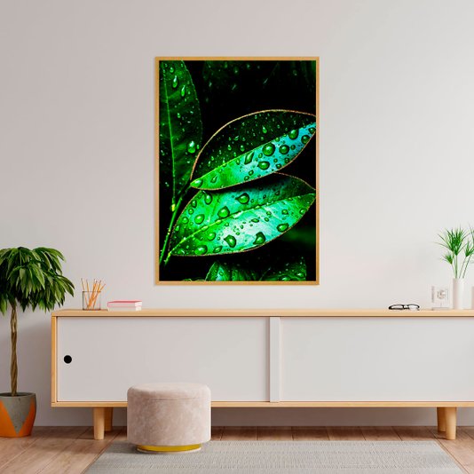 Quadro Decorativo Folhas Verdes na Chuva Detalhes em Dourado 70x100 cm