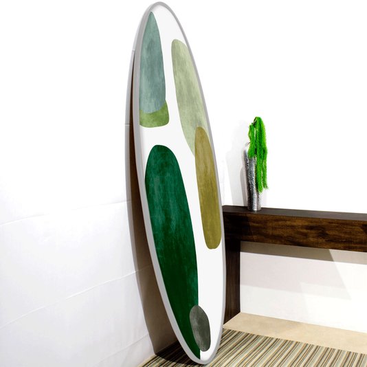 Quadro Decorativo Formato Canoa Arte Abstrata com Tons Verdes em MDF Prata