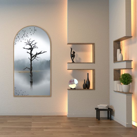 Quadro Decorativo Formato Janela com Moldura em Madeira Freijó de Galhos Secos  Preto e Branco
