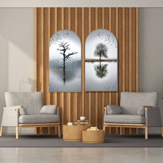 Quadro Decorativo Formato Janela com Moldura em Madeira Freijó de Galhos Secos  Preto e Branco