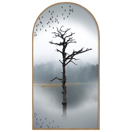 Quadro Decorativo Formato Janela com Moldura em Madeira Freijó de Galhos Secos  Preto e Branco