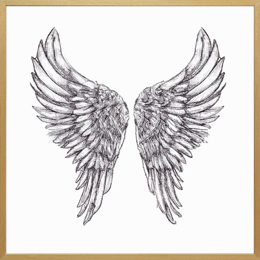 Quadro Decorativo Ilustração Asas de Anjo em Preto e Branco com Moldura Natural 90x90 cm