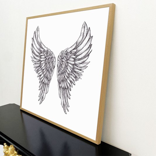 Quadro Decorativo Ilustração Asas de Anjo em Preto e Branco com Moldura Natural 90x90 cm