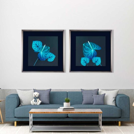 Quadro Decorativo Moderno Flores de Antúrio em Tom Azul 85x85 cm