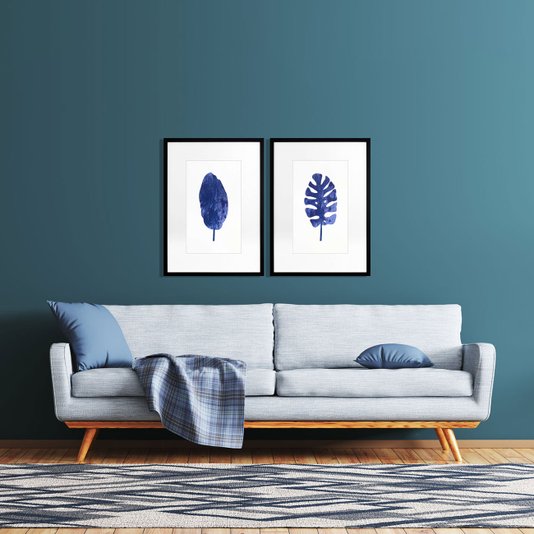 Quadro Decorativo Moderno Minimalista com Moldura Preta Folha Azul 50x70cm