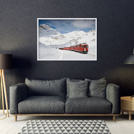 Quadro Decorativo Paisagem Inverno Trem Sobre Neve 140x100cm