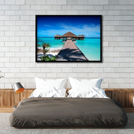 Quadro Decorativo Paisagem Praia Cabanas Sobre o Mar 100x70cm