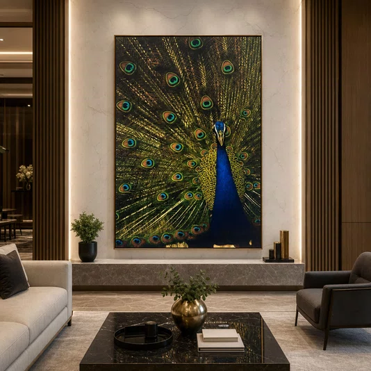 Quadro Decorativo Pavão Majestoso em Azul e Dourado com Moldura Dourada 120x180 cm