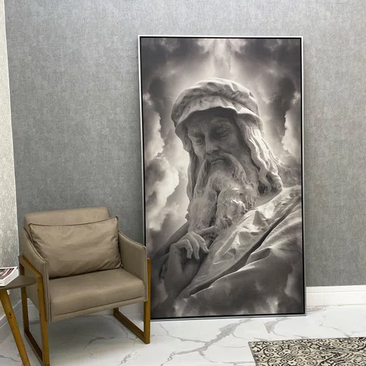 Quadro Decorativo Retrato da Escultura Leonardo da Vinci Tons Neutros 120x210 cm