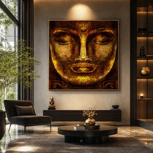Quadro Decorativo Rosto de Buda Dourado Envelhecido Meditação e Serenidade 120x120 cm