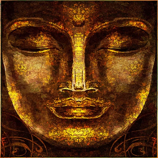 Quadro Decorativo Rosto de Buda Dourado Envelhecido Meditação e Serenidade 120x120 cm