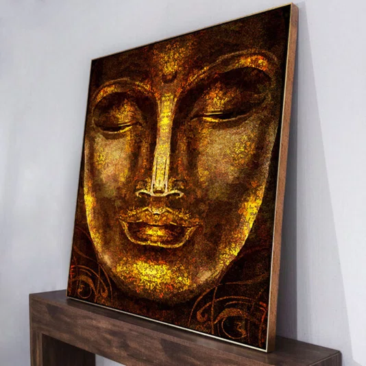 Quadro Decorativo Rosto de Buda Dourado Envelhecido Meditação e Serenidade 120x120 cm