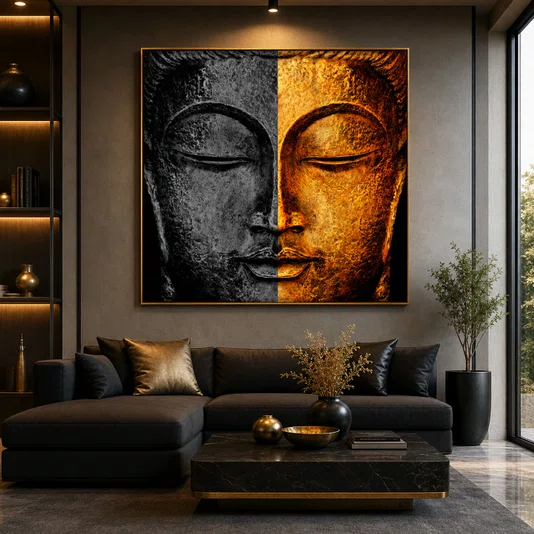 Quadro Decorativo Rosto de Buda Preto com Dourado Meditação Premium 120x120 cm