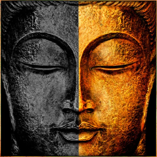 Quadro Decorativo Rosto de Buda Preto com Dourado Meditação Premium 120x120 cm