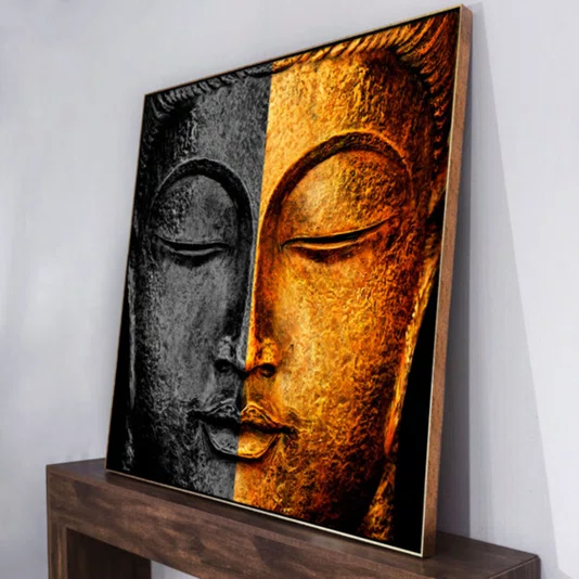Quadro Decorativo Rosto de Buda Preto com Dourado Meditação Premium 120x120 cm