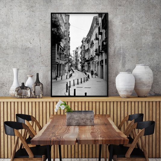 Quadro Decorativo Rua no Centro de Valência Cidade da Espanha em Preto e Branco