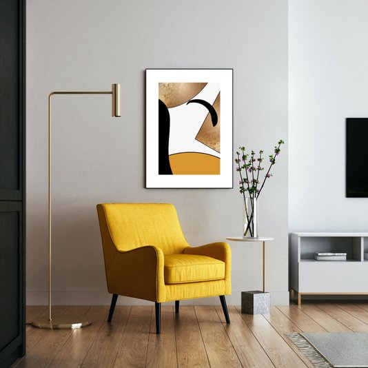 Quadro Desenho Geométrico Amarelo, Dourado e Preto 70x90 cm